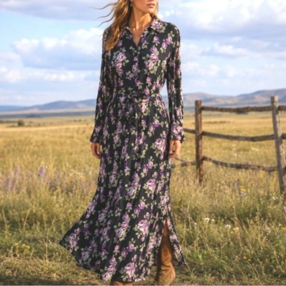 Zara Black Floral Button Down Belt Countrycore Prairie Boho Maxi Shirt Dress L